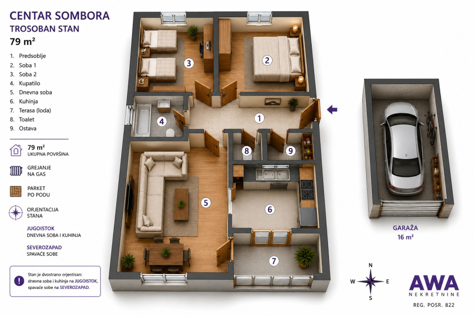 Centar Sombora – Trosoban stan 79m² sa garažom, prvi sprat