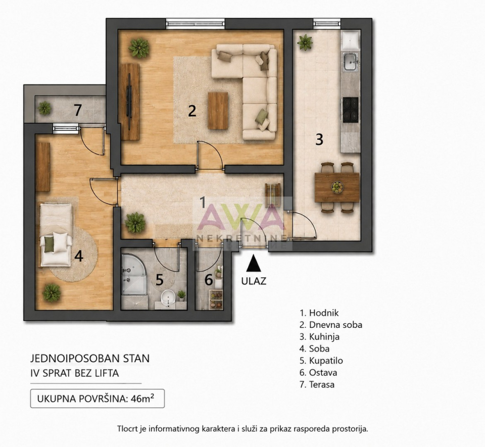 Centar Odžaka – Renoviran jednoiposoban stan 46m², namešten