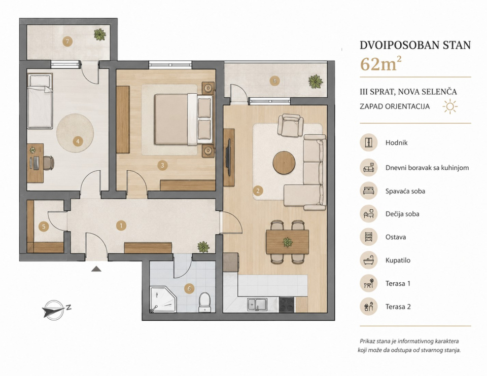 Sombor, Nova Selenča – Dvoiposoban stan 62m², III sprat, odlična porodična lokacija