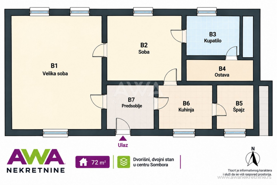 Sombor, centar – dvorišni stan 72 m² sa baštom i parkingom